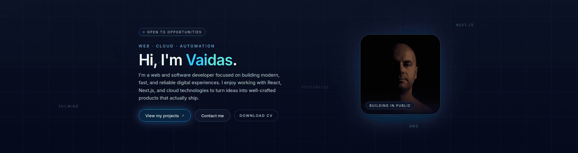 Screenshot of simkus.co.uk portfolio hero section
